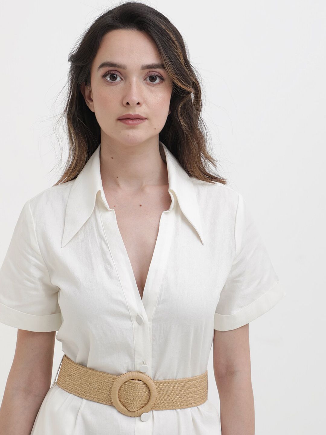 RAREISM Shirt Collar Cotton A-Line Midi Dress