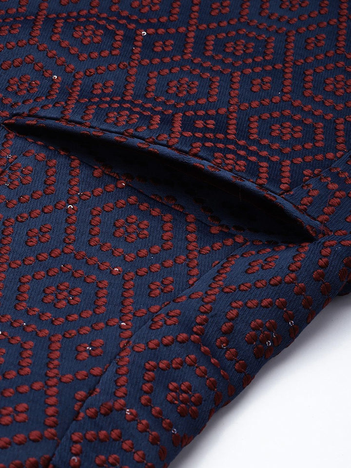 House of Pataudi Geometric Self Design Jashn Ethnic Mandarin Collar Blazer