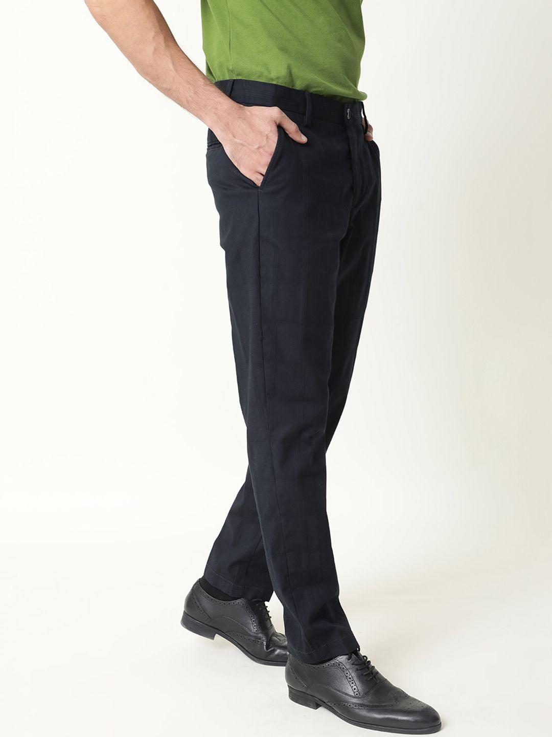RARE RABBIT Men Navy Blue Regular Fit Solid Trousers
