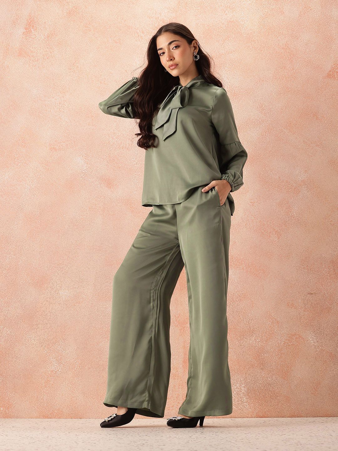 all about you Front Tie-Up Satin Top with Flared Trousers
