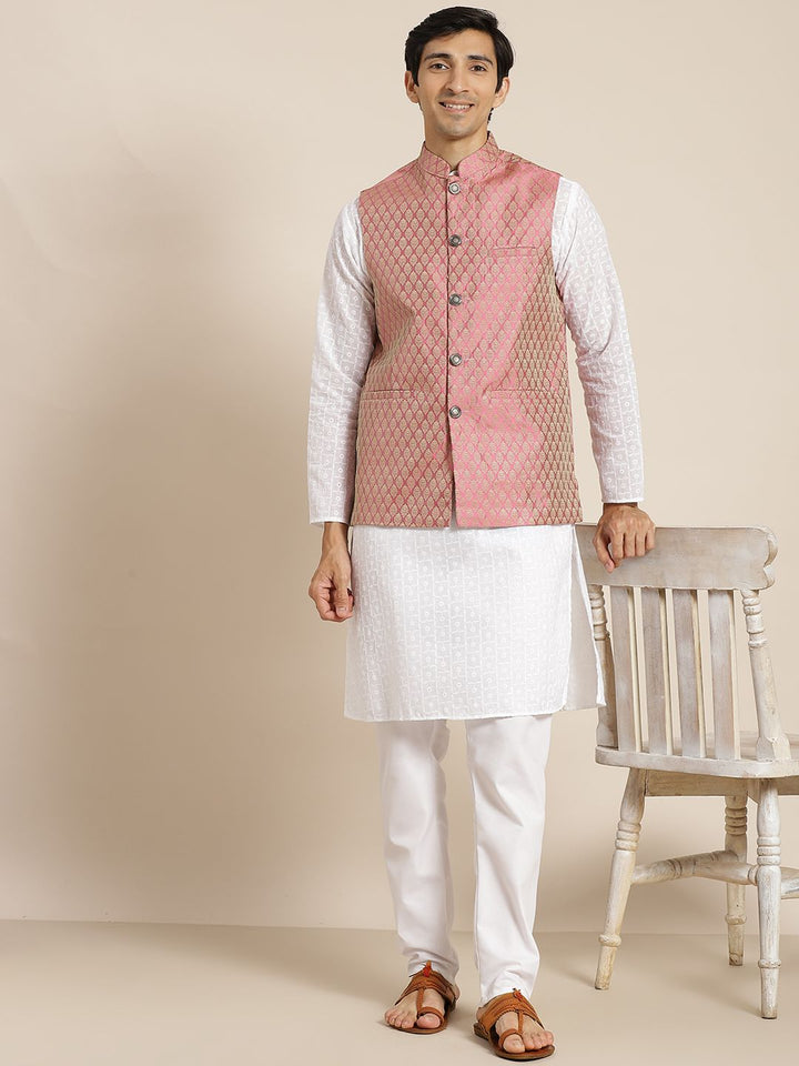SOJANYA Men White Chikankari Pure Cotton Kurta with Churidar & Nehru Jacket