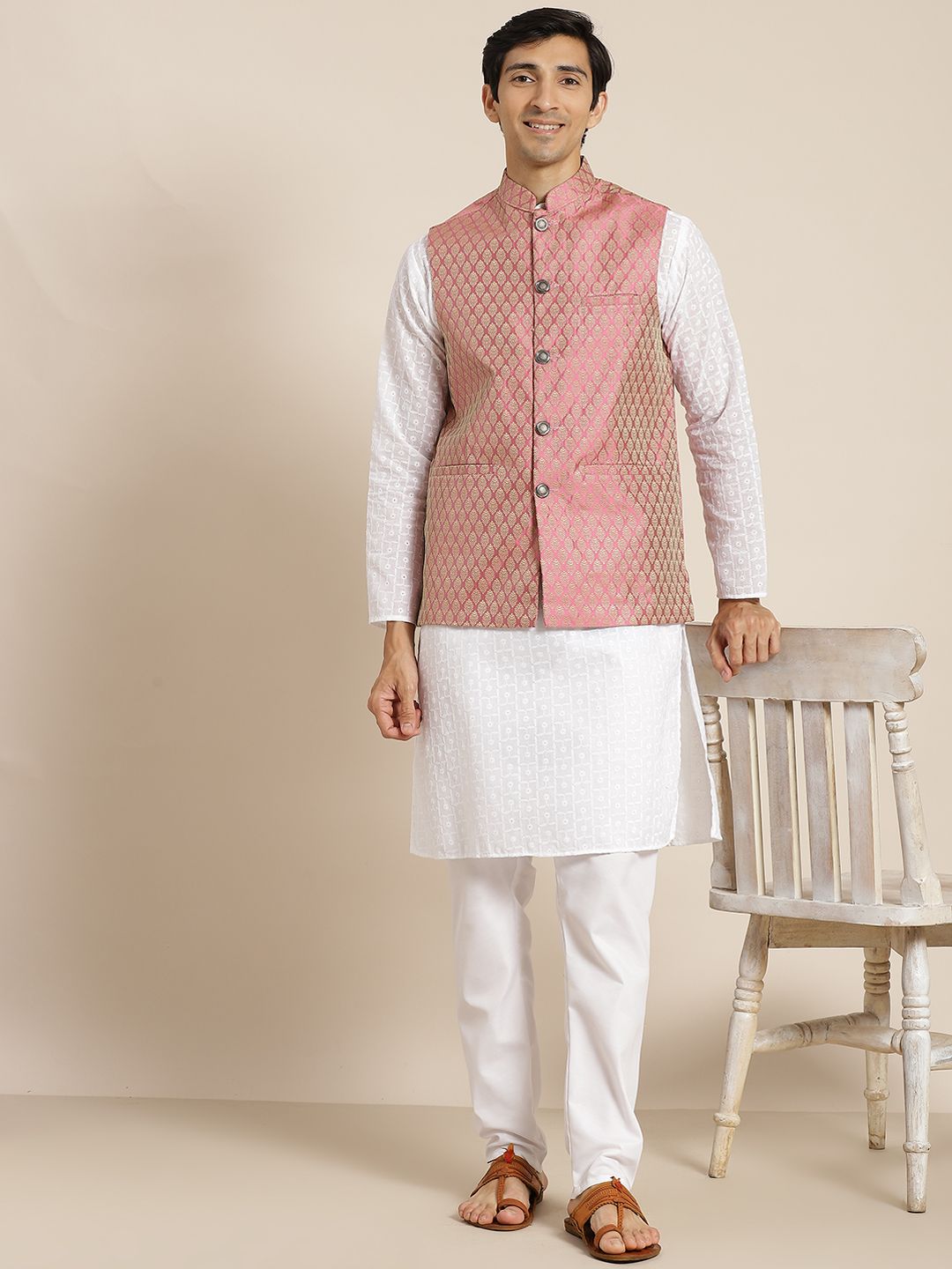 SOJANYA Men White Chikankari Pure Cotton Kurta with Churidar & Nehru Jacket