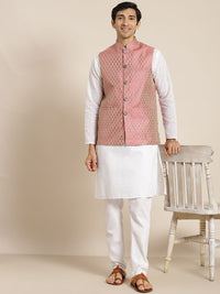 SOJANYA Men White Chikankari Pure Cotton Kurta with Churidar & Nehru Jacket