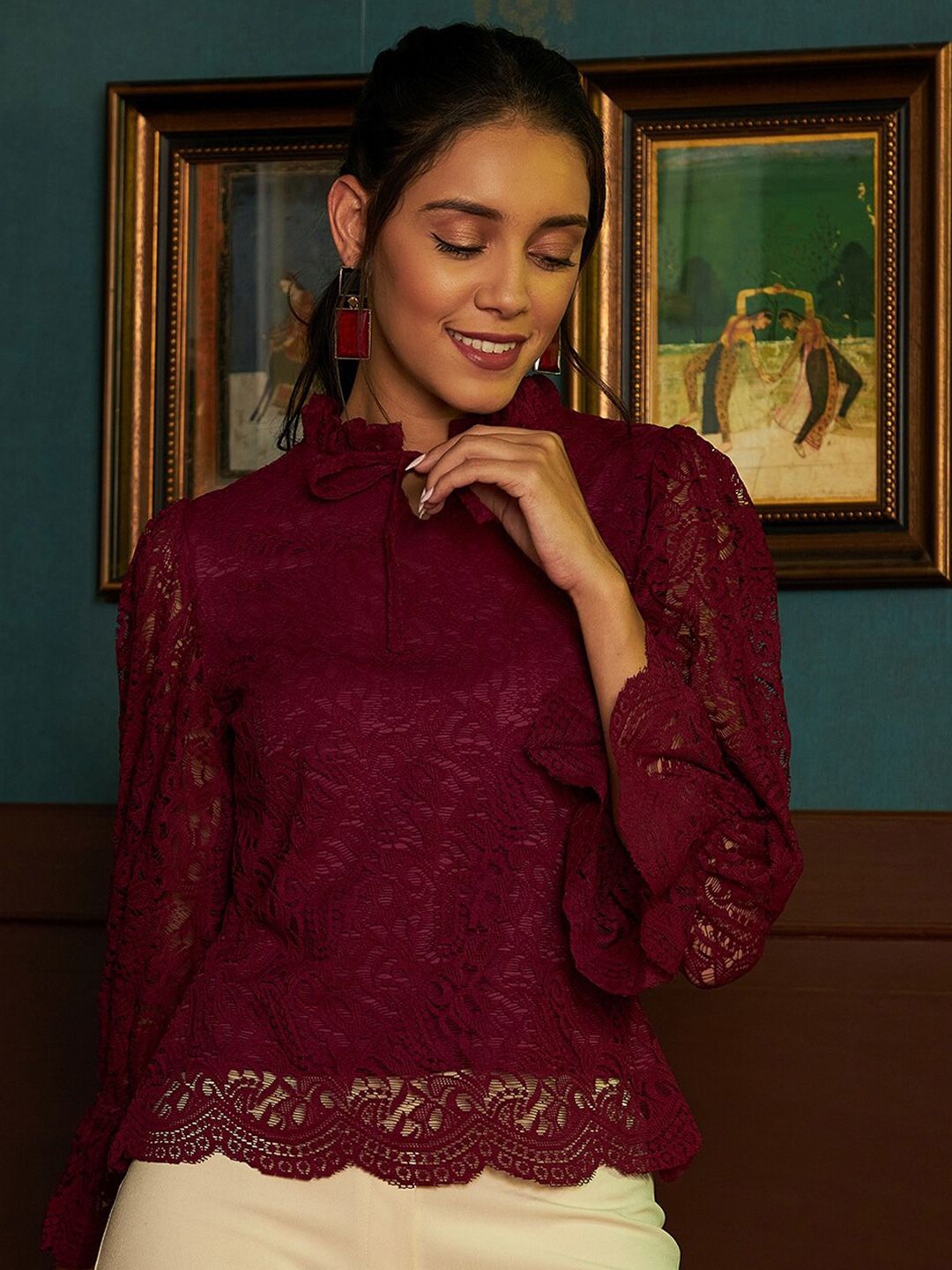 Athena Burgundy Tie-Up Neck Lace Top