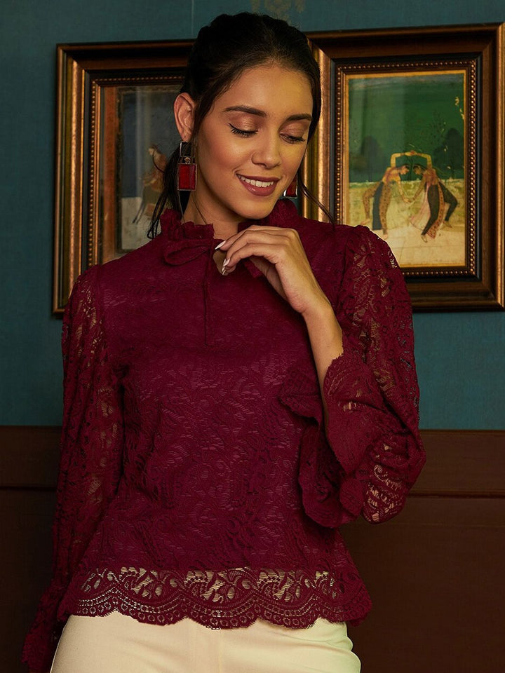Athena Burgundy Tie-Up Neck Lace Top