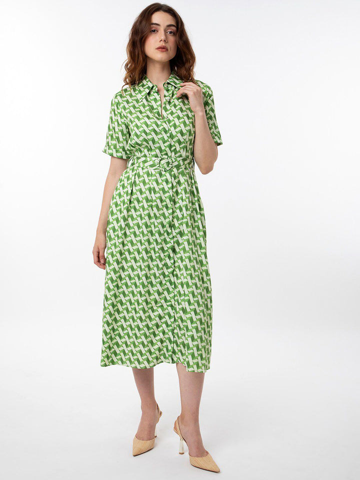 RAREISM Geometric Printed Cotton Midi Shirt Dress