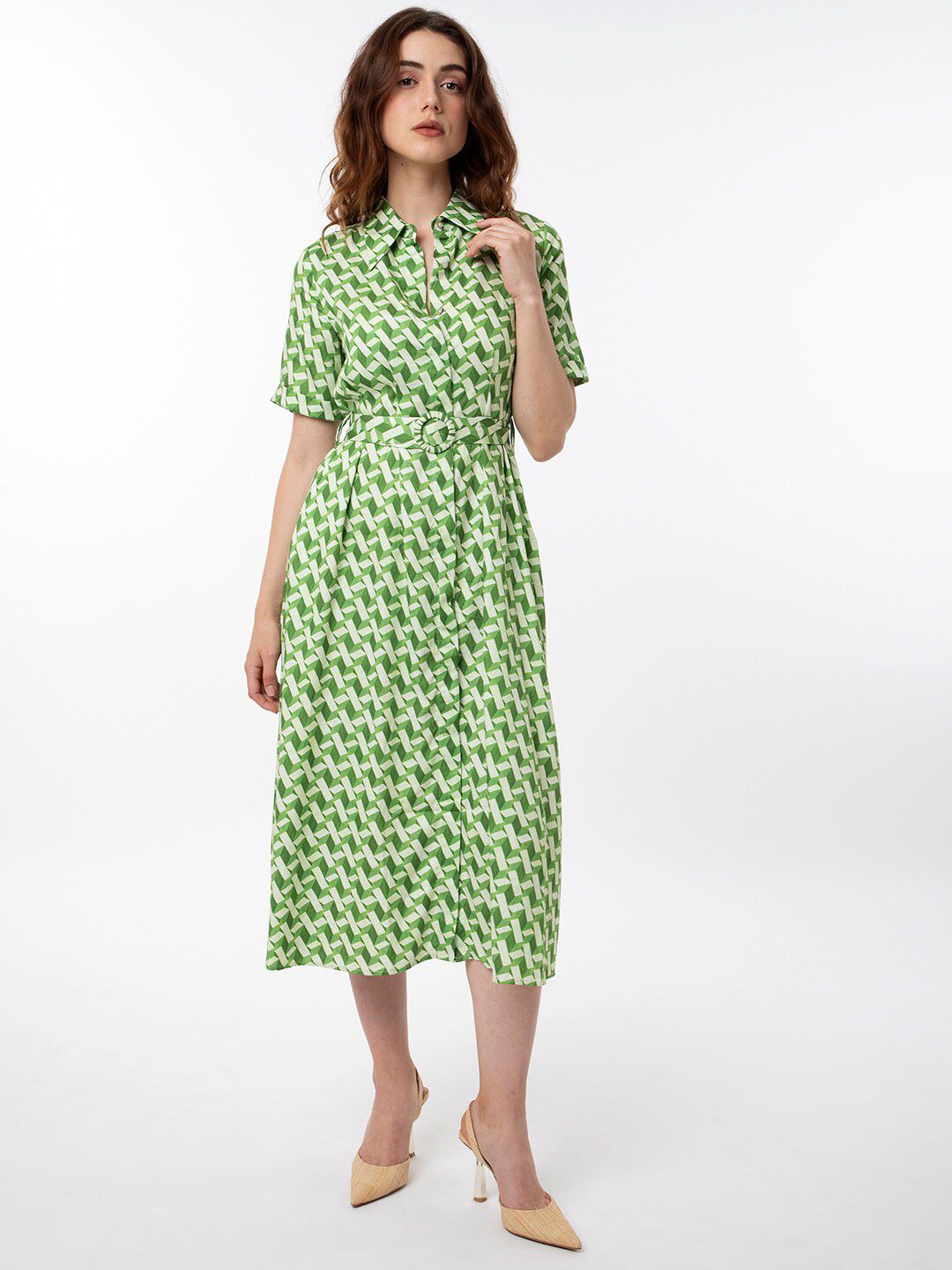 RAREISM Geometric Printed Cotton Midi Shirt Dress