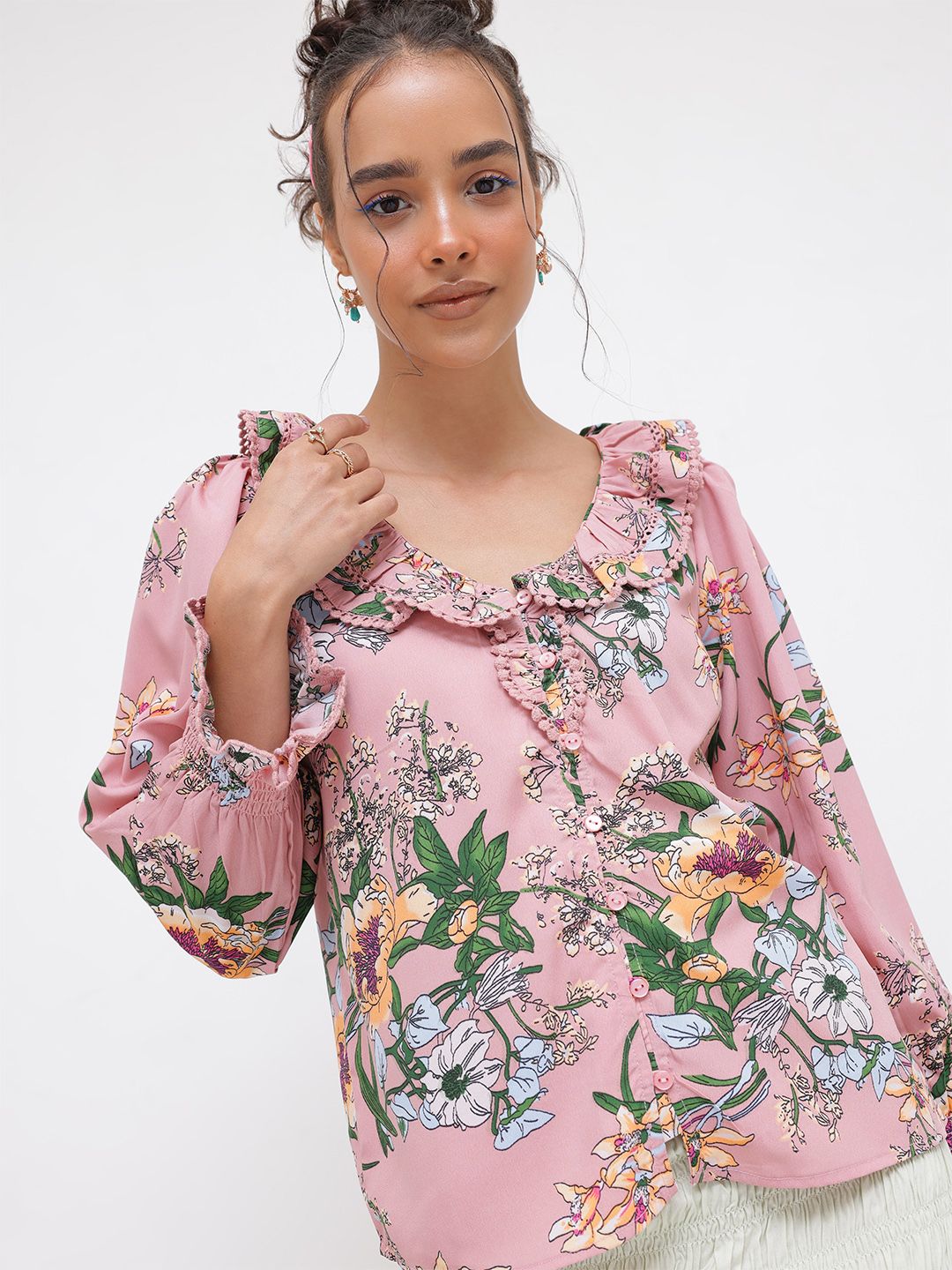 DressBerry Floral Trope Bishop Sleeve Shirt Style Top