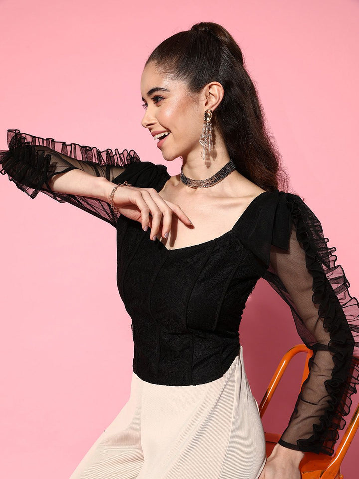 Antheaa Black Sweetheart Neck Net Top