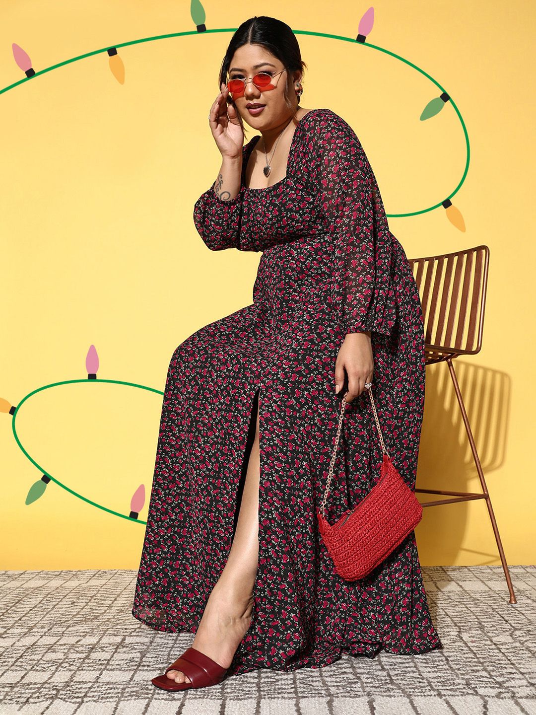 Berrylush Curve Floral Square Neck Georgette Flared Maxi Dress