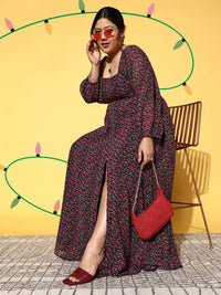 Berrylush Curve Floral Square Neck Georgette Flared Maxi Dress