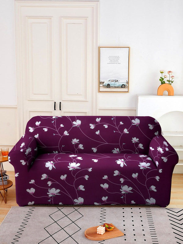 Cortina Purple & White Floral Printed Double-Seater Sofa Cover