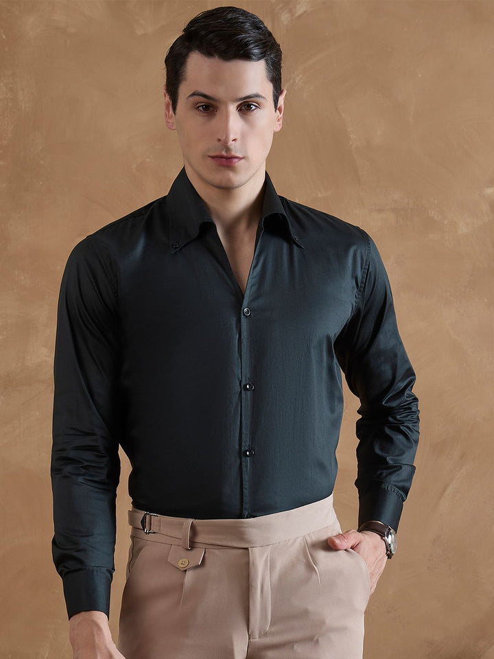 DENNISON Men Bottle Green Cooper Collar Formal Shirt