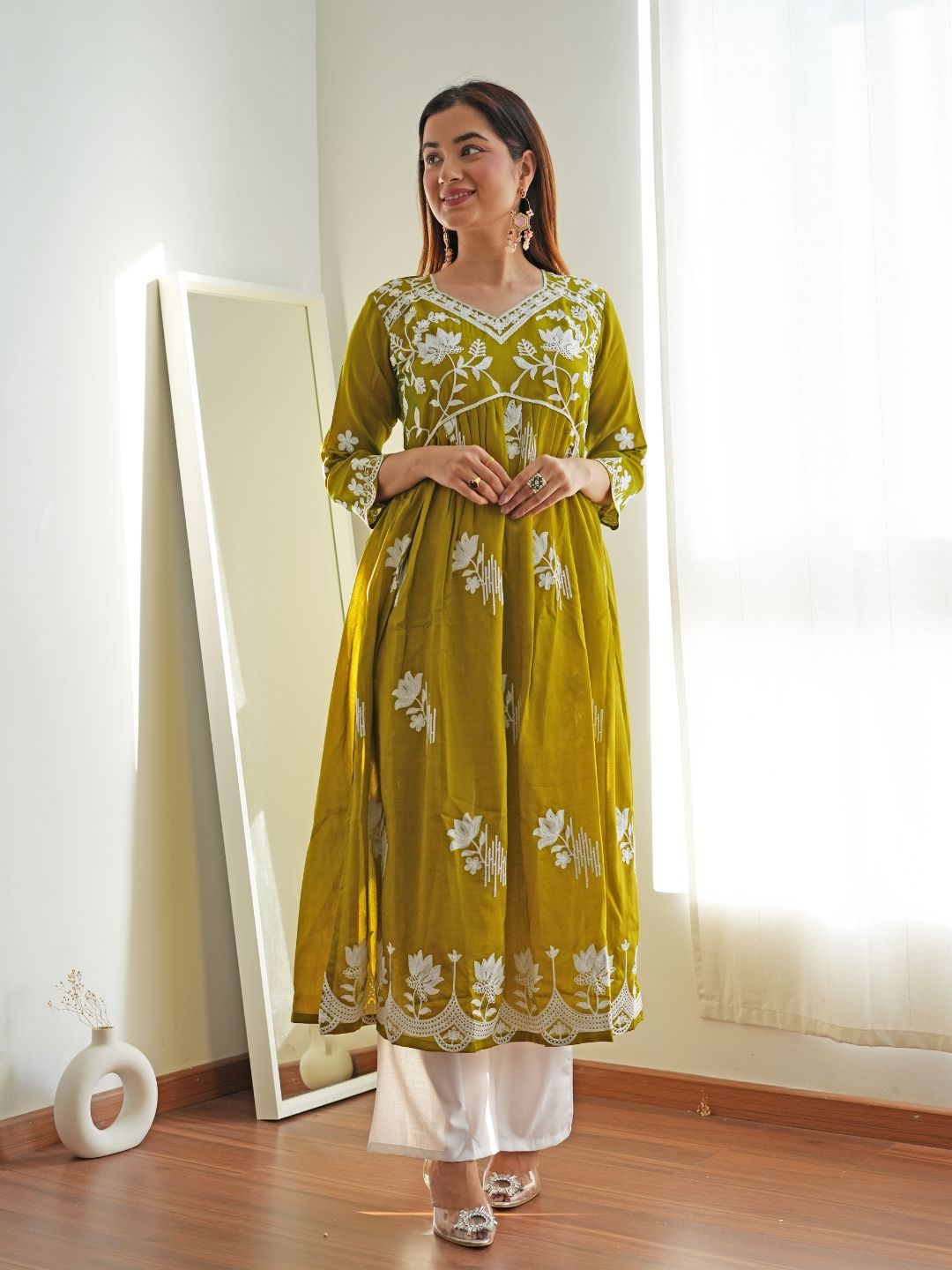 KALINI Women Floral Printed Flared Sleeves Thread Work Summer Sheers Kurta
