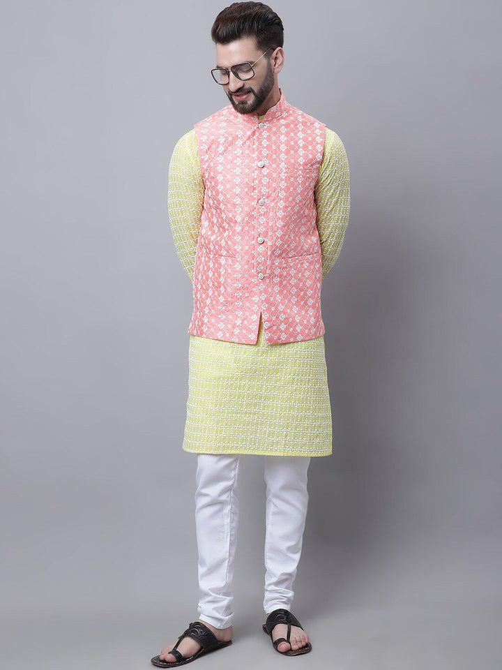 SOJANYA Kurta Kapas Tulen Sulam Bunga Lelaki Dengan Piyama & Jaket Nehru