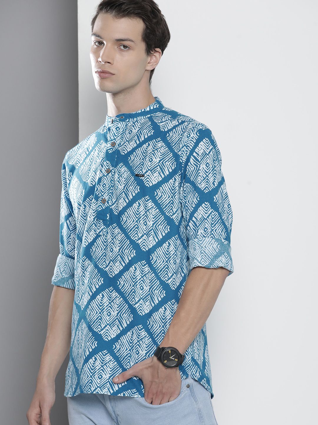 The Indian Garage Co Men Blue Printed Band Collar Cotton Casual Shirt