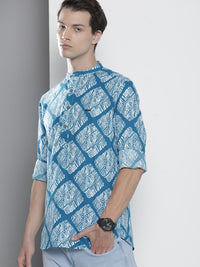 The Indian Garage Co Men Blue Printed Band Collar Cotton Casual Shirt