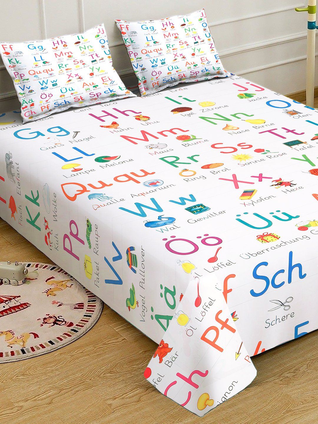 Myntra Elegant Homes White Conversational 300 TC King Bedsheet with 2 Pillow Covers