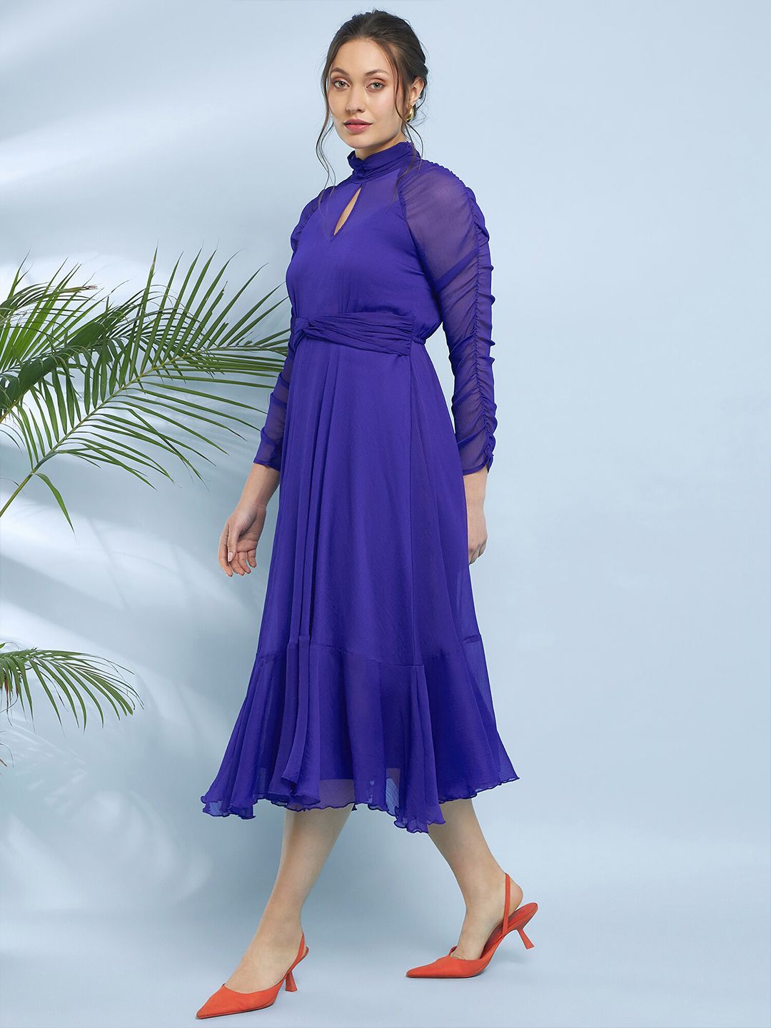 Antheaa Choker Neck Chiffon Fit & Flare Midi Dress