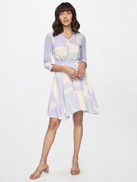 AND Blue & White Printed Waist Tie-Ups Detail Fit and Flare Formal Dress