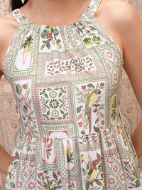 Vishudh Women Halter Neck Ethnic Motifs Print Layered Empire Midi Dress