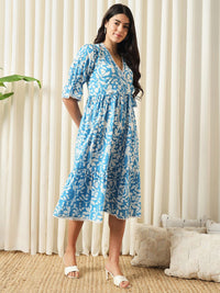 KALINI Floral Printed V-Neck Empire Cotton Opaque Casual Dress