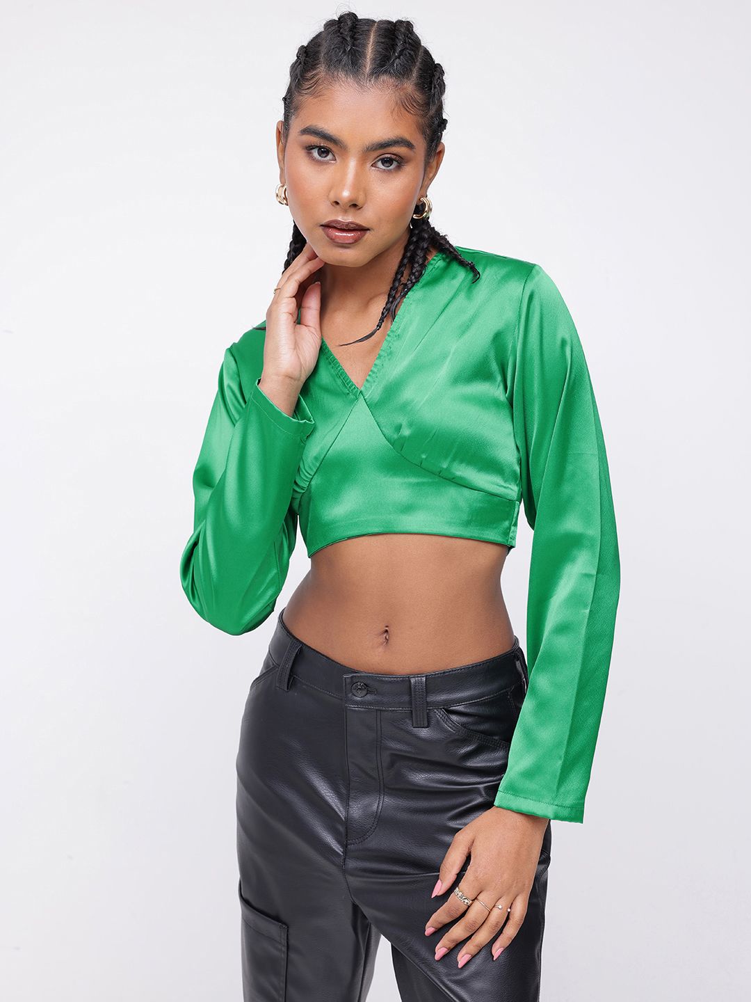 DressBerry Bright Emerald Satin Finish V-Neck Crop Top