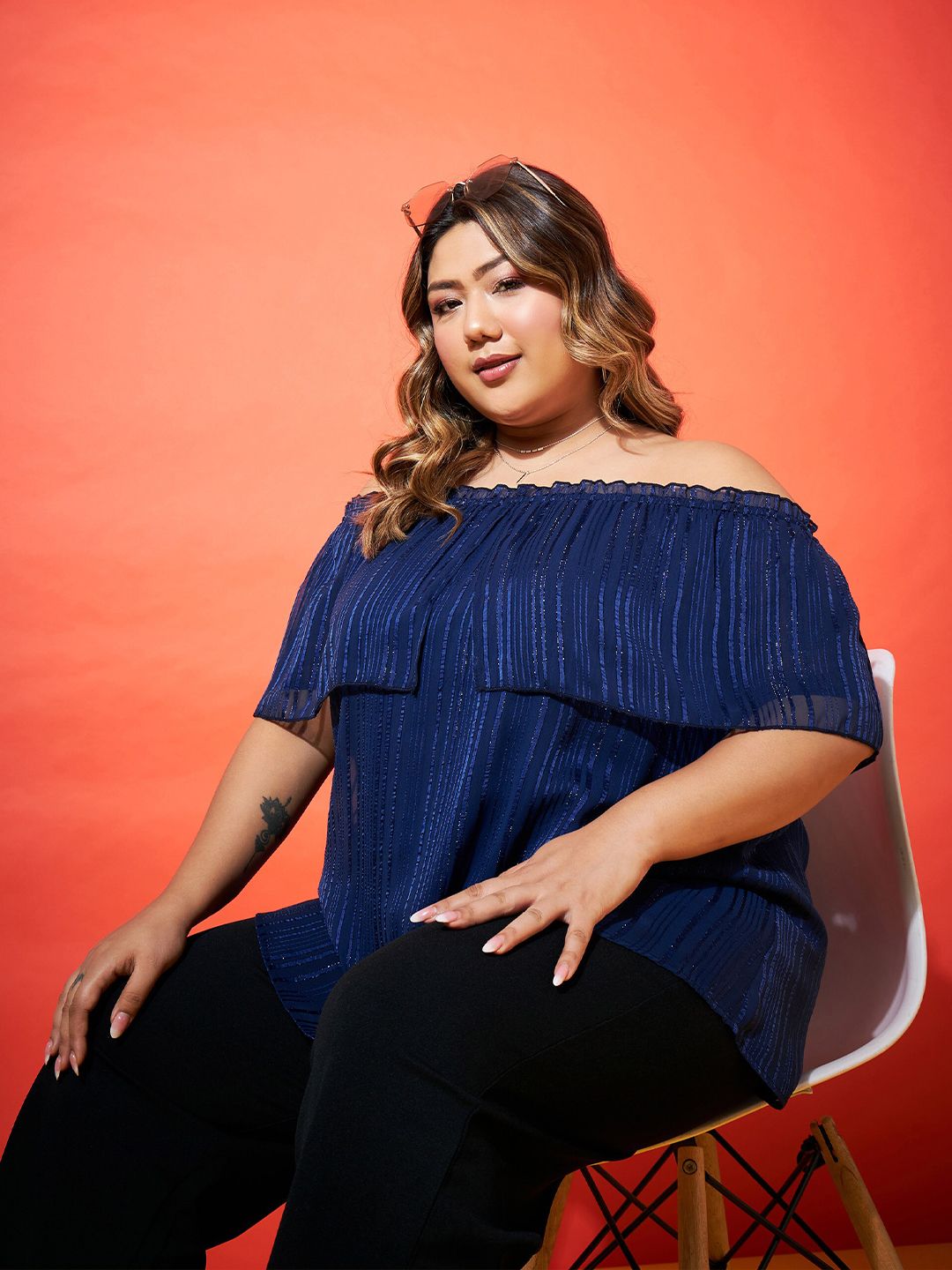 SASSAFRAS Curve Navy Blue Plus Size Vertical Stripes Off-Shoulder Cape Sleeves Bardot Top