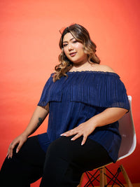 SASSAFRAS Curve Navy Blue Plus Size Vertical Stripes Off-Shoulder Cape Sleeves Bardot Top