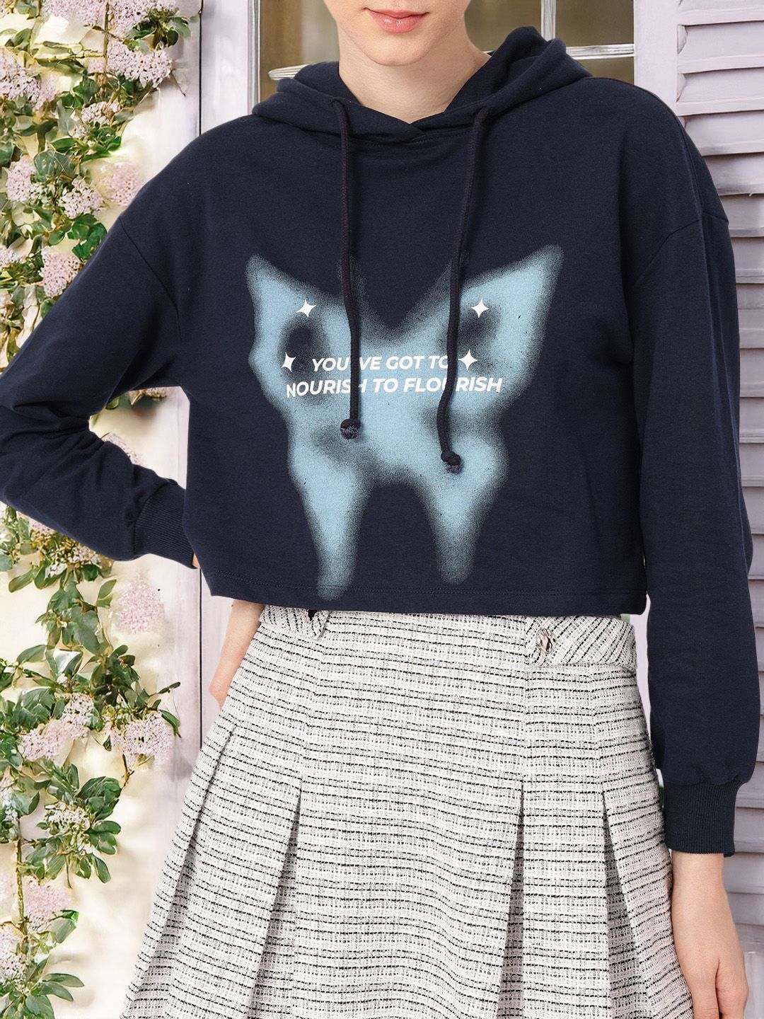 DressBerry Cotton Terry Boxy Crop Hooded Sweatshirt