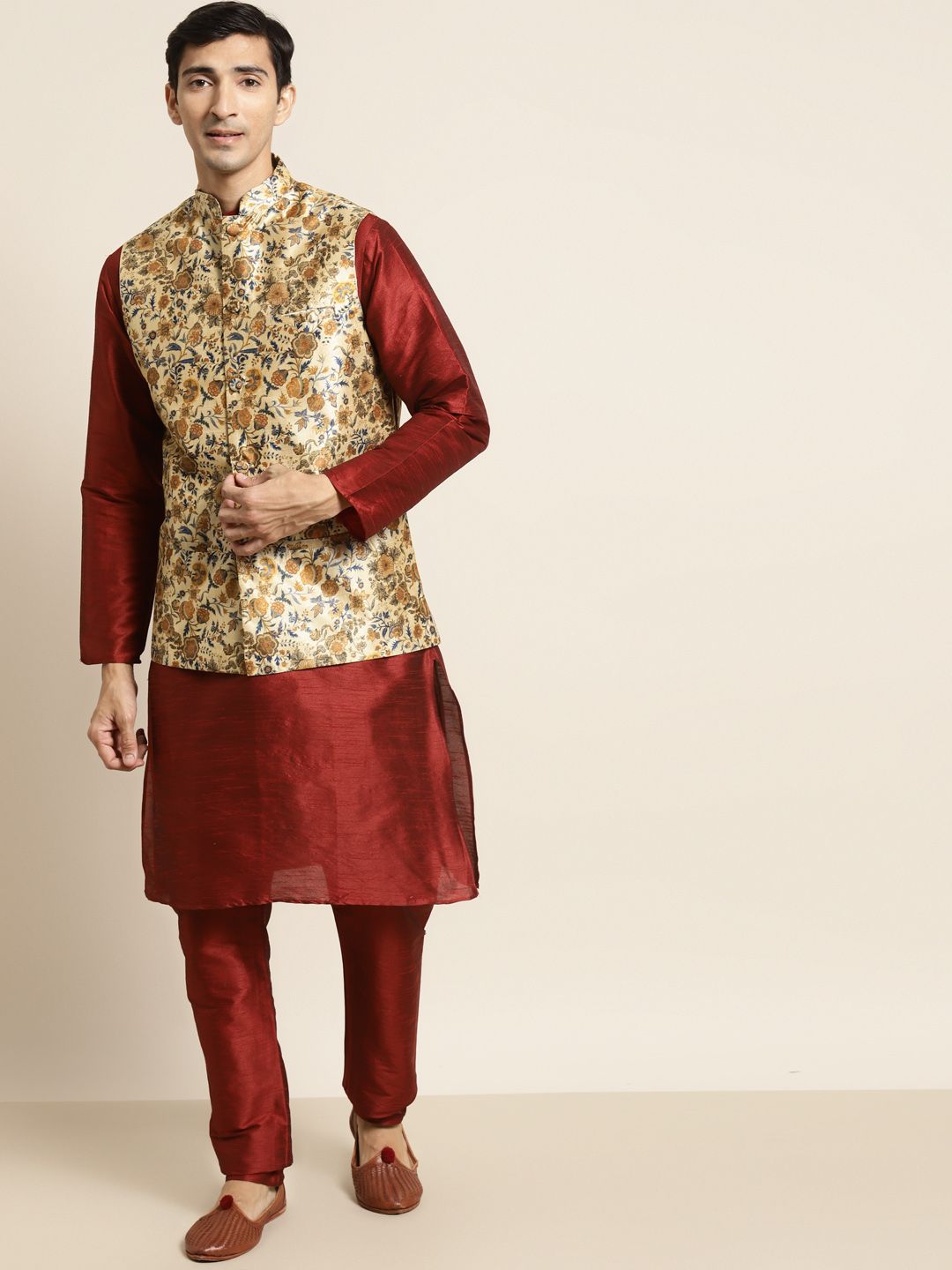 SOJANYA Men Maroon & Beige Kurta with Churidar & Printed Nehru Jacket