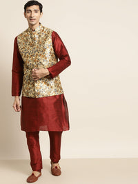 SOJANYA Men Maroon & Beige Kurta with Churidar & Printed Nehru Jacket