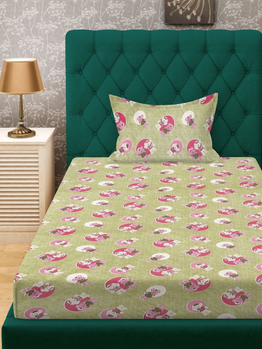 KLOTTHE Kids Green Printed Pure Cotton 400 TC Single Bedsheet Set - 2.25 m x 1.50 m