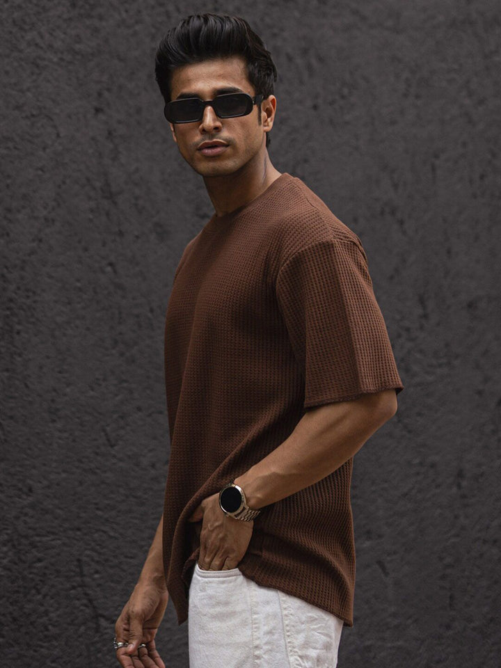 Powerlook Self Design Round Neck Drop-Shoulder Sleeves Oversized T-shirt