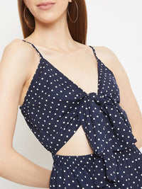 Berrylush Navy Blue & White Polka Dots Printed Cut-Out Playsuit