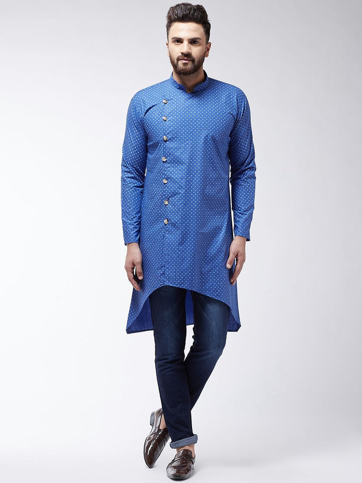 SOJANYA Lelaki Blue Printed Cotton Linen Kurta Lurus