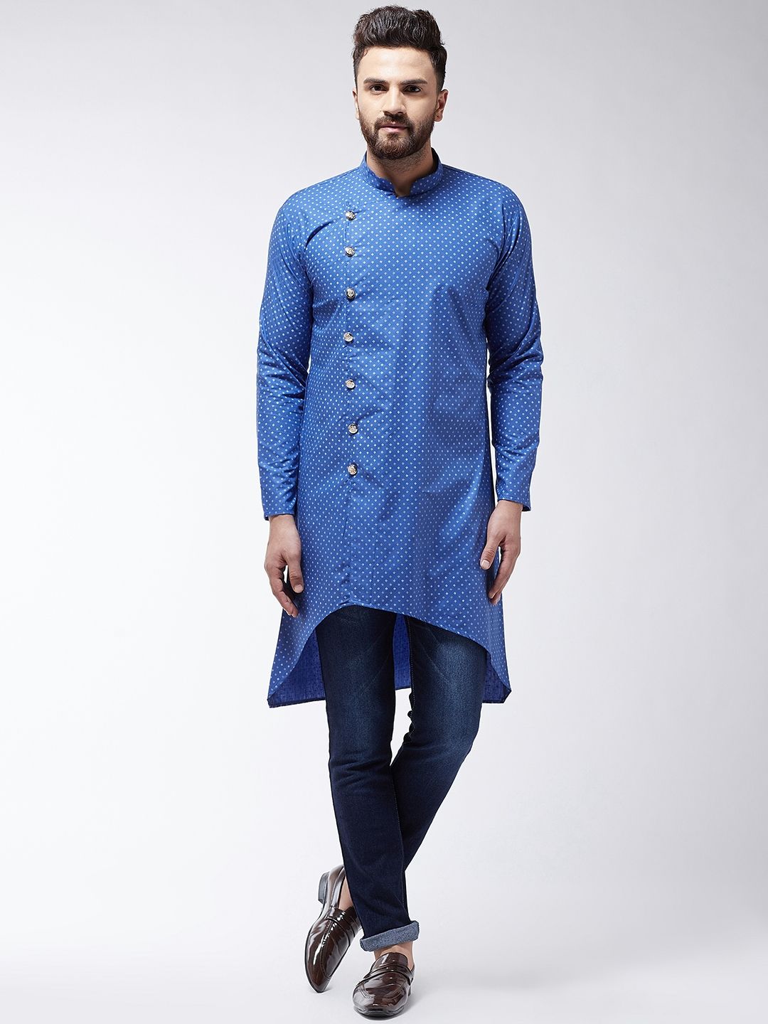 SOJANYA Lelaki Blue Printed Cotton Linen Kurta Lurus
