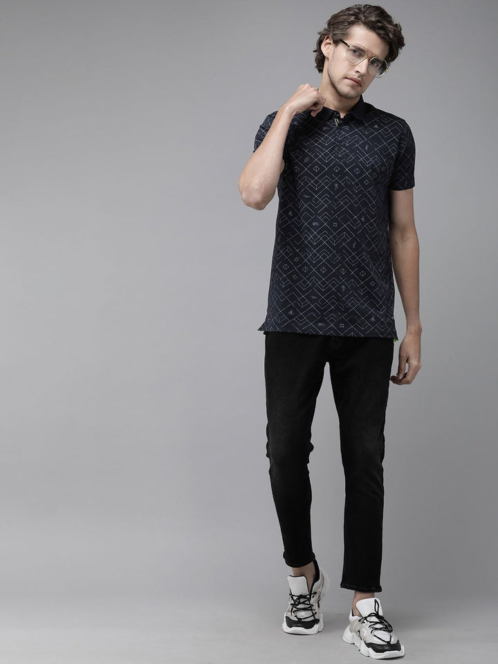 SPYKAR Men Navy Blue Geometric Printed Slim Fit T-shirt