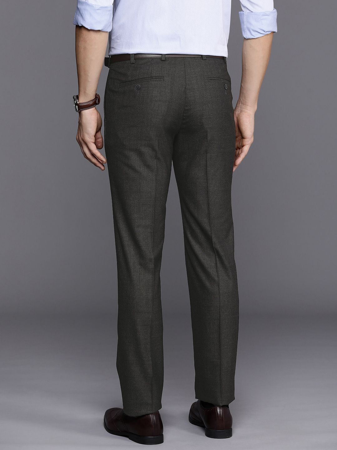 Raymond Men Checked Flat Front Slim Fit Formal Trousers