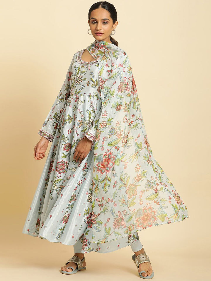 W Floral Printed Anarkali Kurta With Leggings & Dupatta