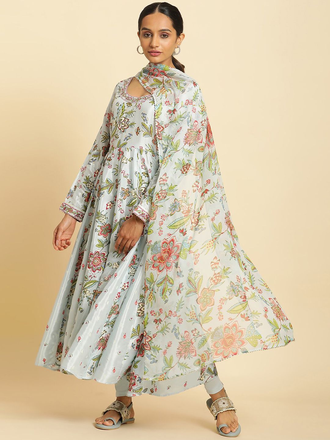 W Floral Printed Anarkali Kurta With Leggings & Dupatta