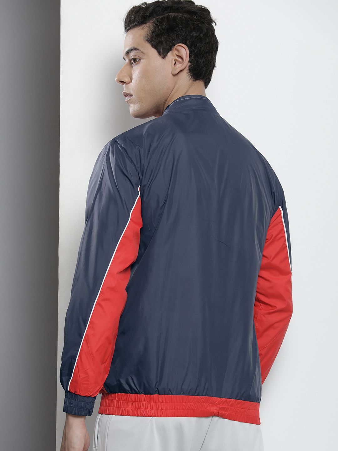 The Indian Garage Co Men Navy Blue White Colourblocked Windcheater Jacket