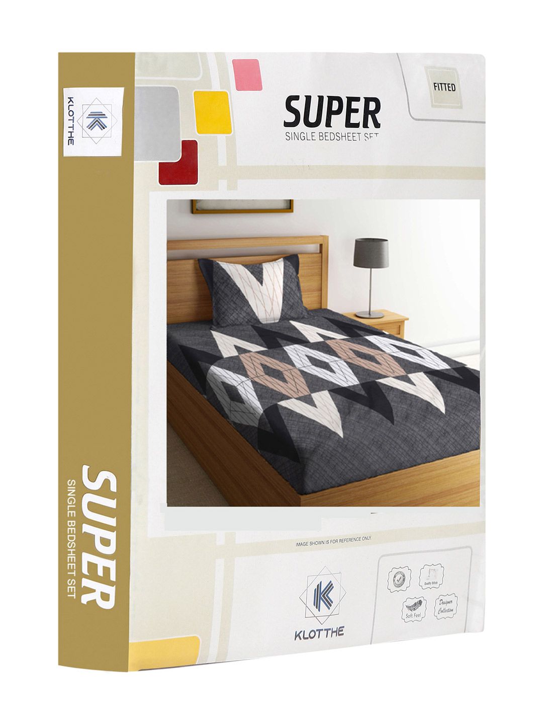 KLOTTHE Grey & White Geometric Printed 300 TC Fitted Single Bedsheet & Pillow Cover
