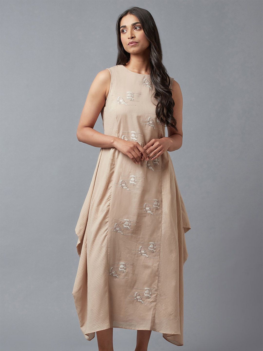 W Beige Ethnic Motifs A-Line Midi Dress