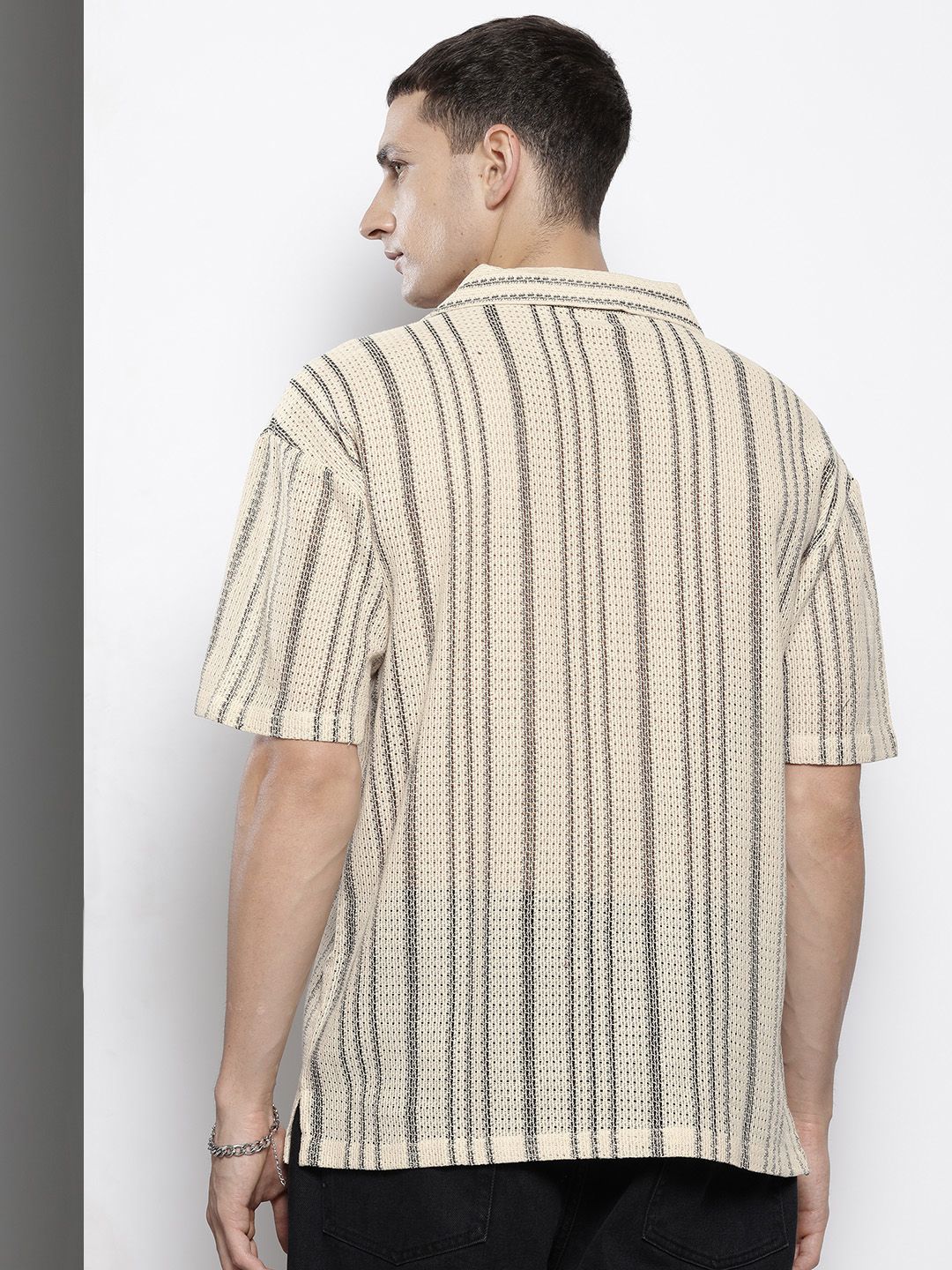 The Indian Garage Co Men Textured Open Weave Knitted Relaxed Fit Shirt
