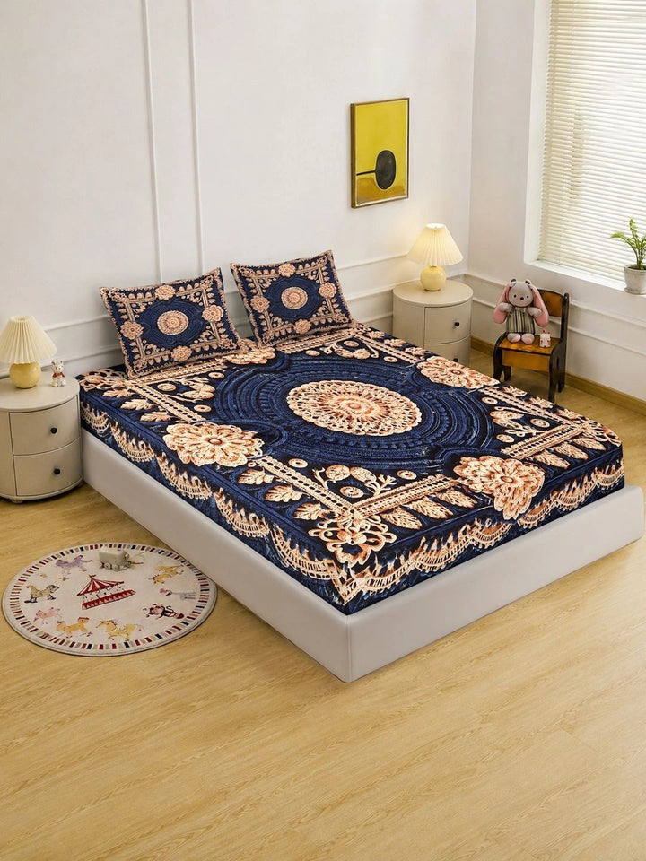 Moda Rapido X KLOTTHE Blue Floral 400 TC Bedsheet with 2 Pillow Covers