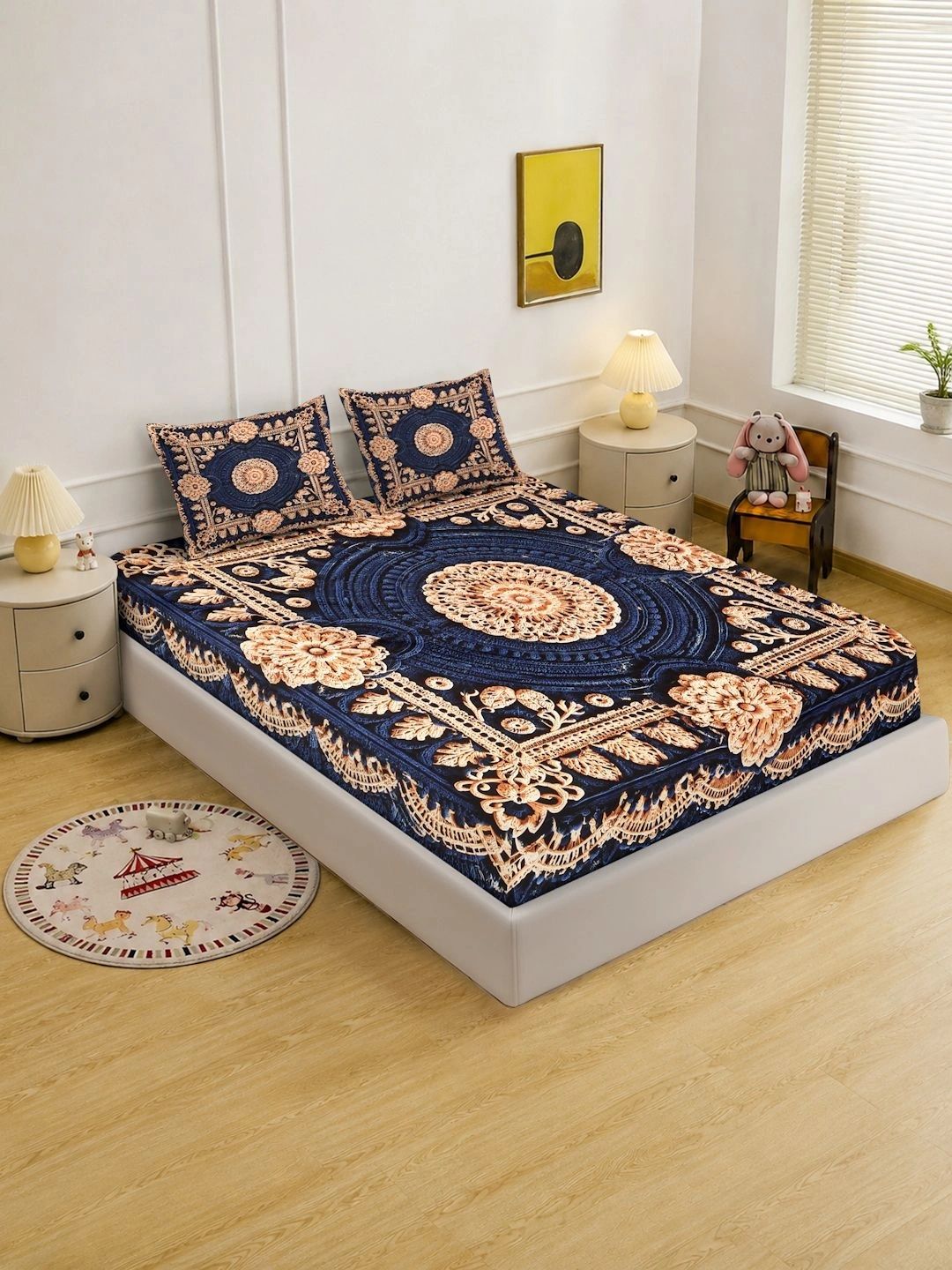 Moda Rapido X KLOTTHE Blue Floral 400 TC Bedsheet with 2 Pillow Covers