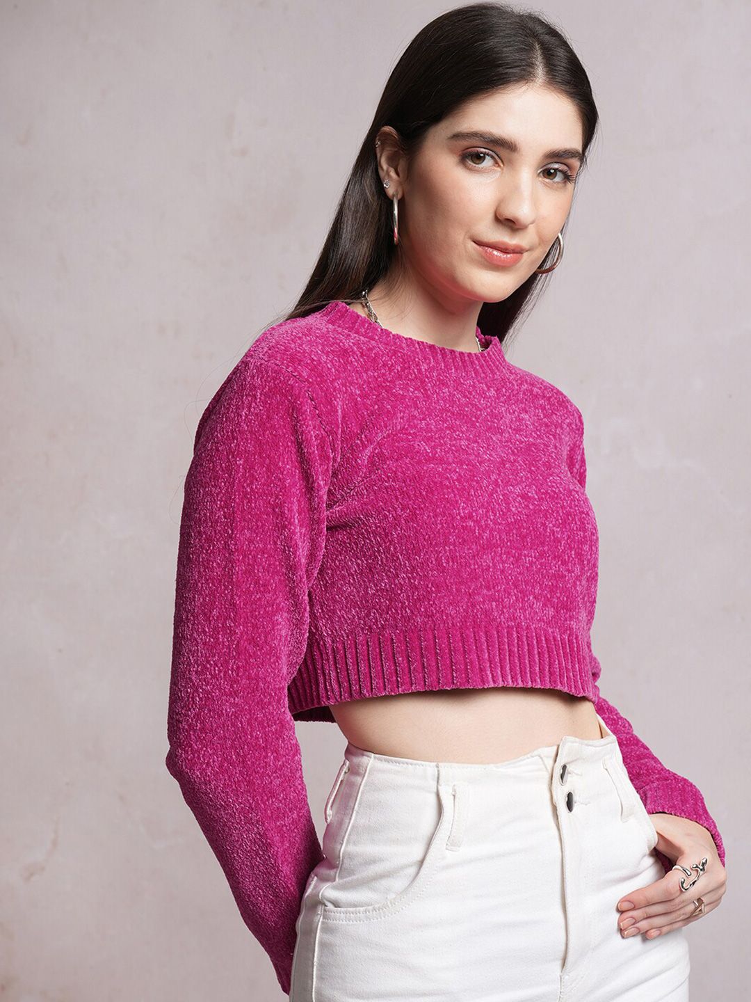 Tokyo Talkies Pink Acrylic Crop Pullover