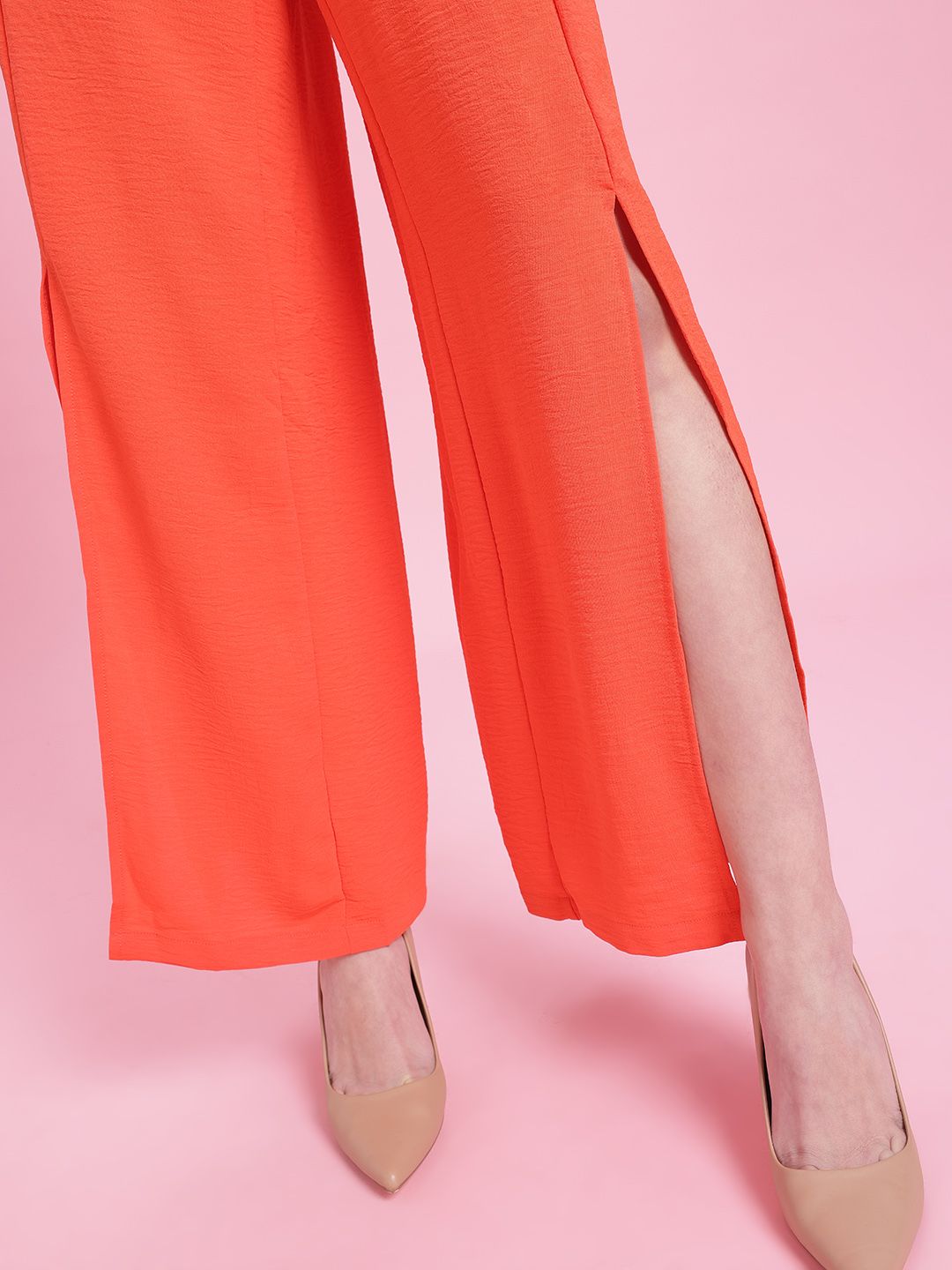 DressBerry Women Mid-Rise Flared Fit Pleated Detail Parallel Trousers with Front Slits