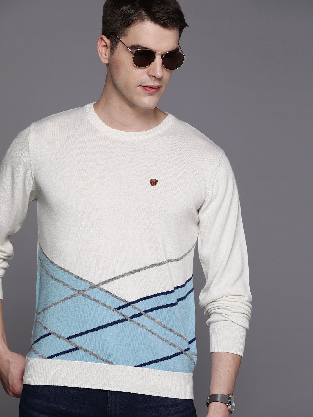 Raymond Men White & Blue Self-Design Pullover